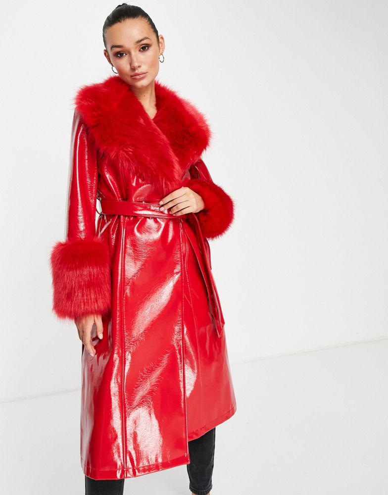 Topshop long PU coat with faux fur trim in red商品第2张图片规格展示