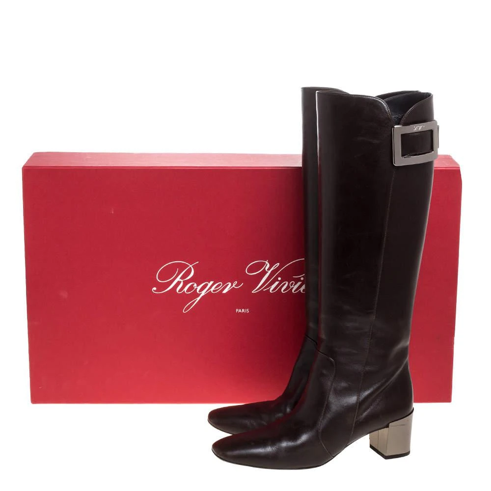 Roger Vivier Dark Brown Leather Buckle Detail Knee Length Boots Size 36.5 商品