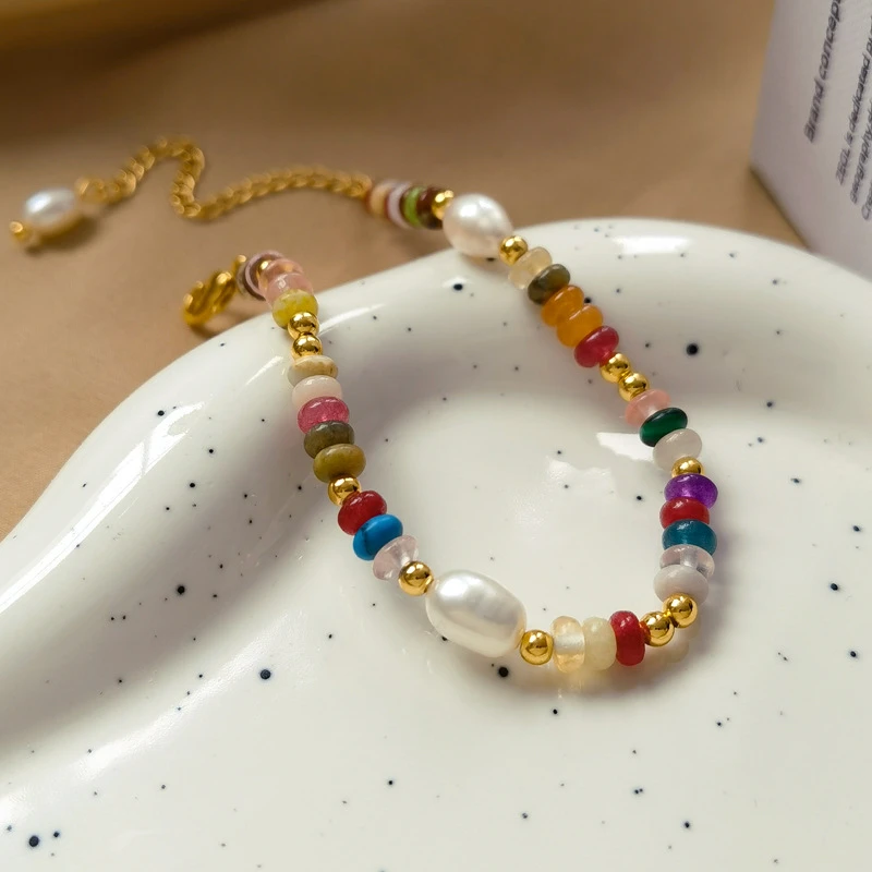 波西米亚复古小众撞色天然石串珠气质淡水米粒珍珠项链+手链 商品