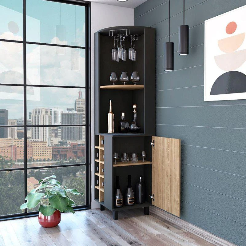 商品FM Furniture|Leah Corner Bar Cabinet, Two Shelves, Ten Wine Cubbies, Single Door Cabinet, Two Interior Shelves,价格¥1809,第2张图片详细描述