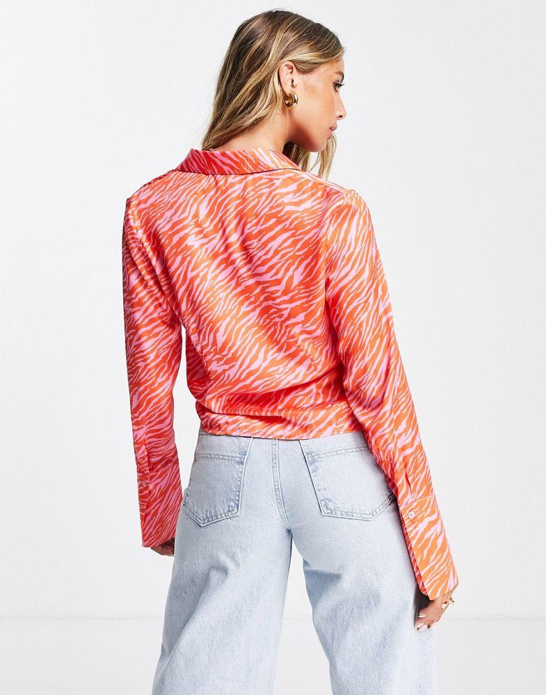 Topshop slim satin zebra print shirt in pink商品第2张图片规格展示