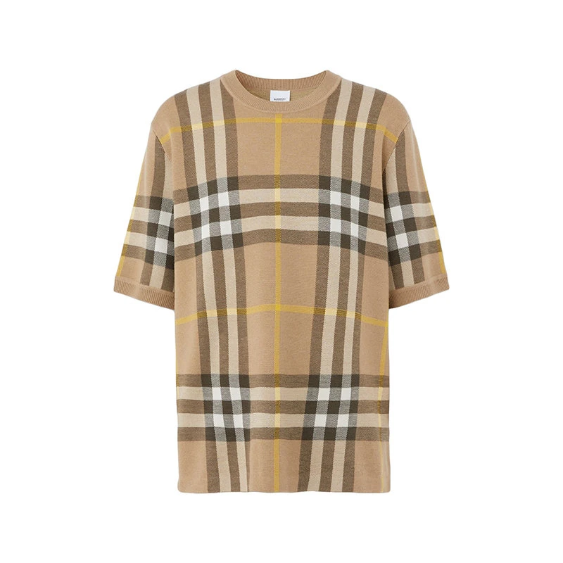 商品Burberry|【预售3-7天】BURBERRY/博柏利 22年秋冬新款 男士松露色丝羊混纺格纹提花短袖上衣T恤80549171,价格¥4357,第1张图片