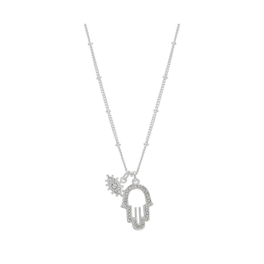 Silver Plated Crystal Evil Eye and Hamsa Charm Pendant Necklace, 16"+2" Extender商品第1张图片规格展示