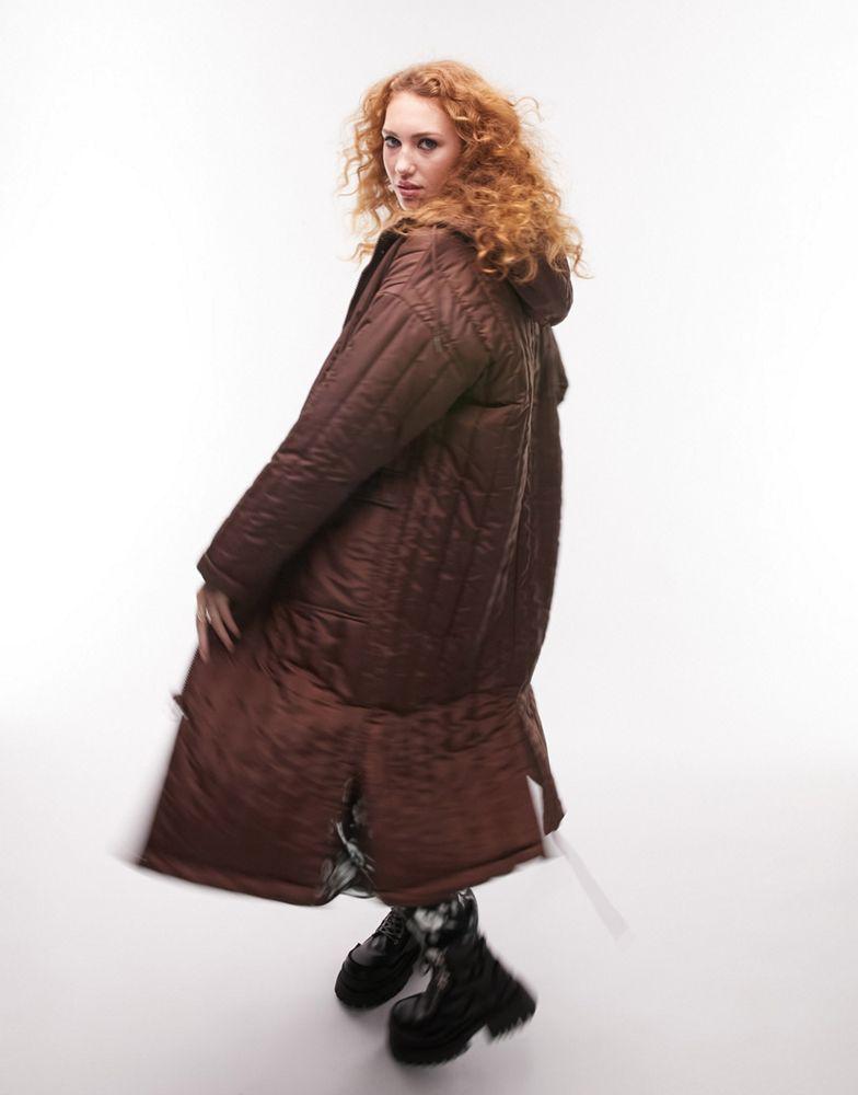 Topshop longline quilted liner coat in chocolate商品第4张图片规格展示