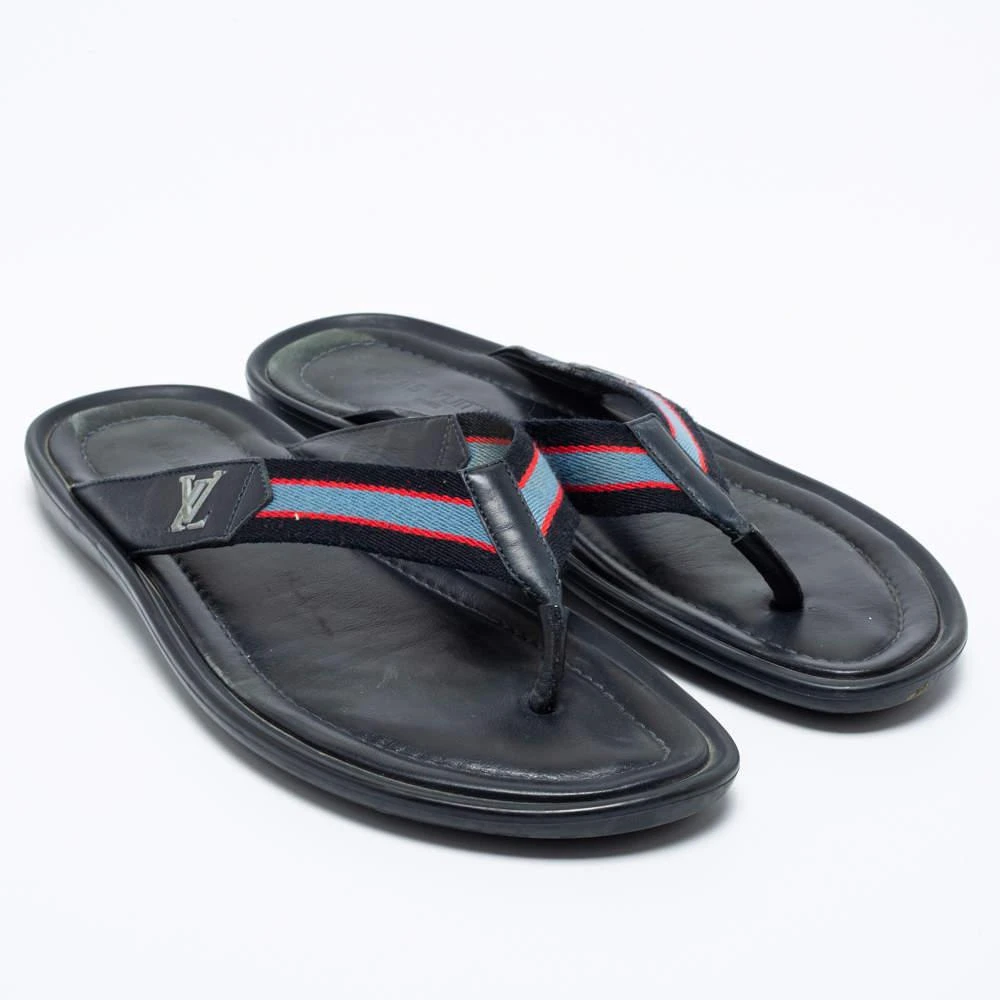 商品[二手商品] Louis Vuitton|Louis Vuitton Navy Blue Leather and Canvas Thong Slides Size 44.5,价格¥1542,第4张图片详细描述