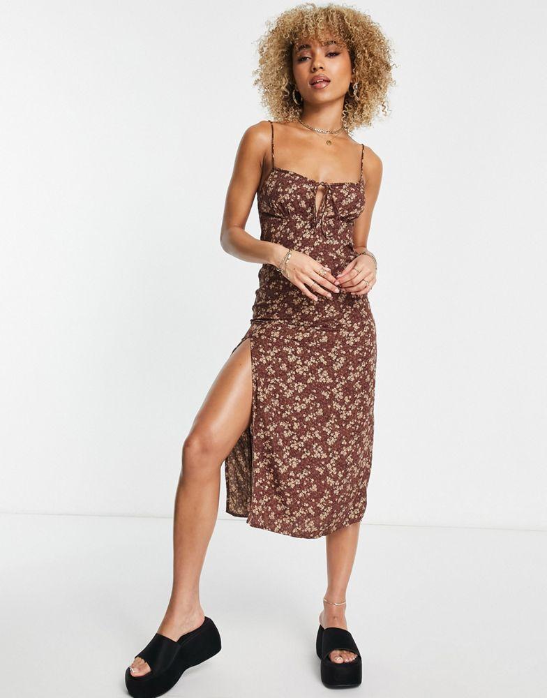 Motel strappy midi tea dress with ruched bust in brown floral商品第4张图片规格展示