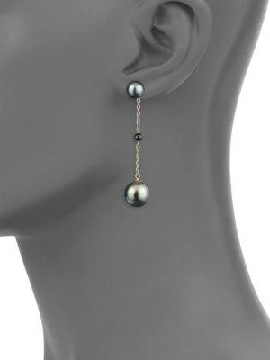 商品BELPEARL|14K Yellow Gold, 8-11mm Black Cultured Tahitian Pearl & Black Spinel Drop Earrings,价格¥1276,第2张图片详细描述