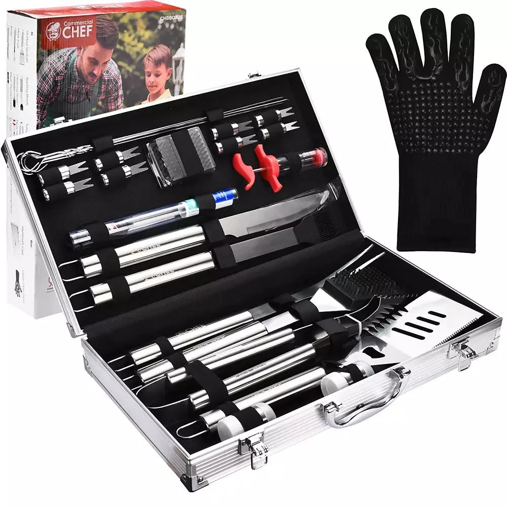 商品Commercial Chef|Premium 25 Piece Stainless Steel Barbeque Grill Tool Set with Aluminum Hard Case,价格¥358,第1张图片