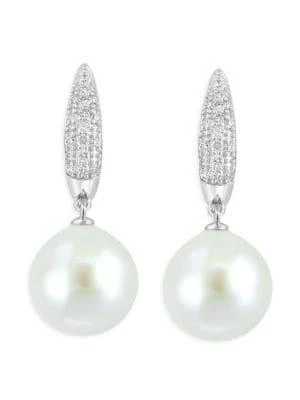 商品Effy|14K White Gold, 12MM Freshwater Pearl & Diamond Drop Earrings,价格¥11871,第2张图片详细描述