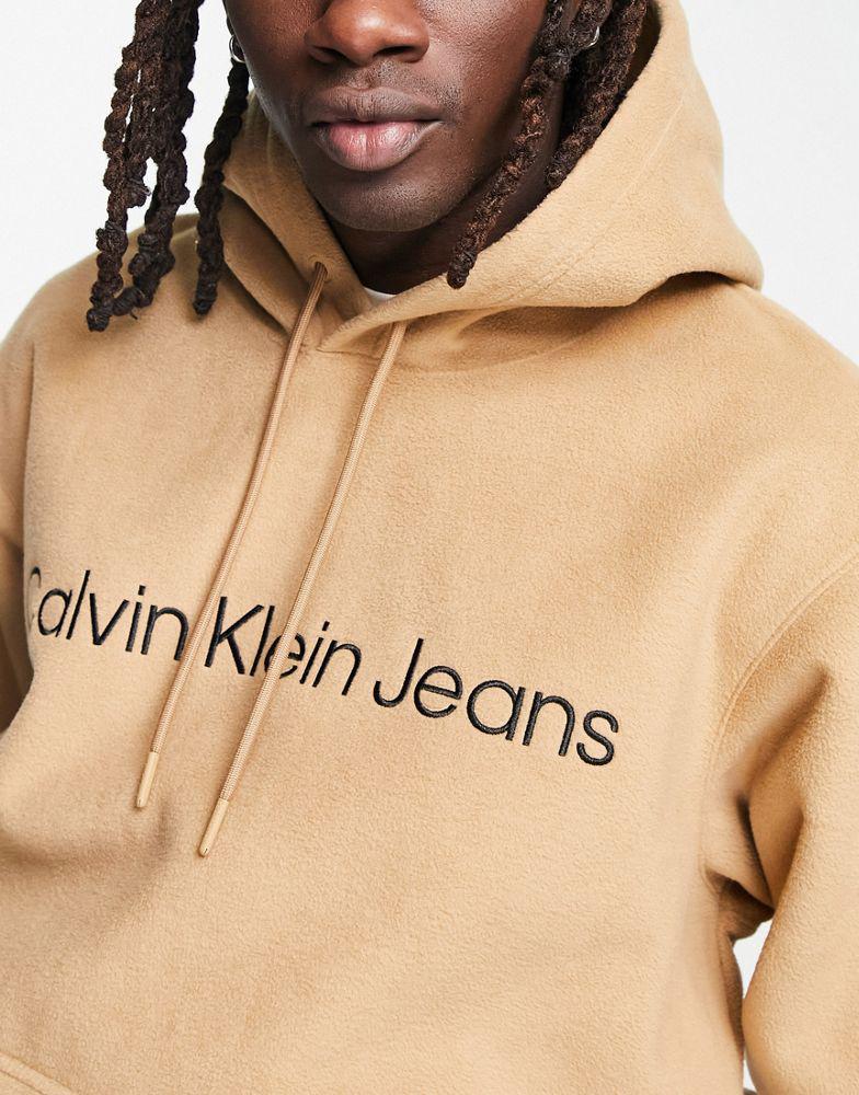 Calvin Klein Jeans chest logo heavy double face polar fleece hoodie in camel商品第3张图片规格展示