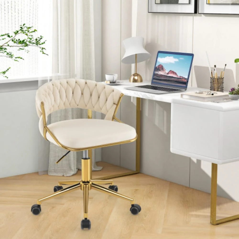 商品Hivvago|360Â° Height Adjustable Swivel Upholstered Desk Computer Chair with Hand-woven Back-Beige,价格¥1083,第2张图片详细描述