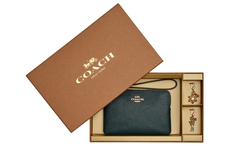 商品[国内直发] Coach|蔻驰 Boxed Corner Zip 16 角拉链礼盒款 横纹皮革 手腕包手拿包 迷你 女款 墨绿色,价格¥524,第1张图片