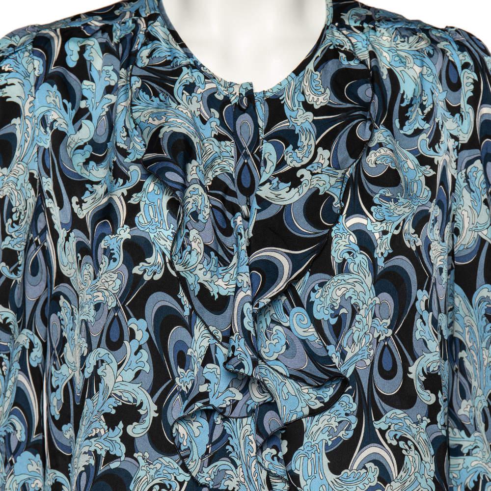 Emilio Pucci Blue Printed Silk Ruffle Detail Button Front Top L商品第4张图片规格展示