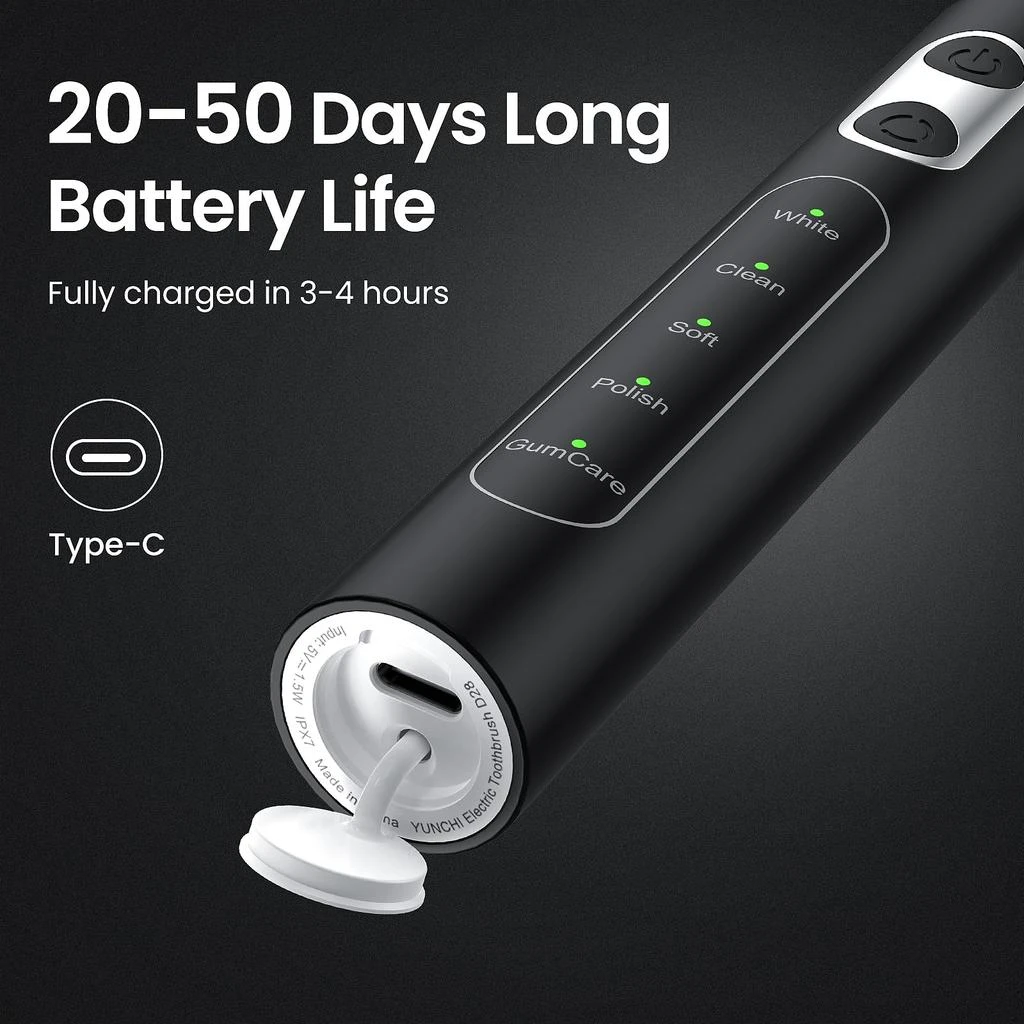 YUNCHI Electric Toothbrush for Adults, Sonic Toothbrush, Rechargeable Electric Toothbrush with 4 Brush Heads,5 Modes & 2 Minutes Smart Timer,Waterproof,Battery Toothbrush,Black 商品