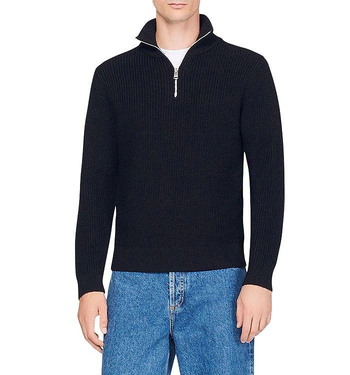 商品Sandro|Wool Blend Ribbed Knit Quarter Zip Mock Neck Sweater,价格¥1478,第1张图片