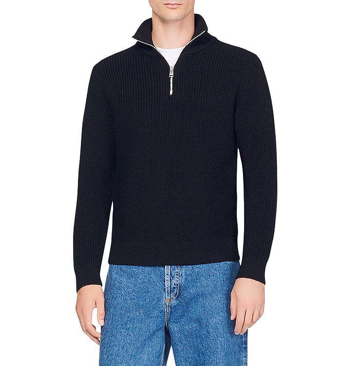商品Sandro|Wool Blend Ribbed Knit Quarter Zip Mock Neck Sweater,价格¥1681-¥1961,第1张图片