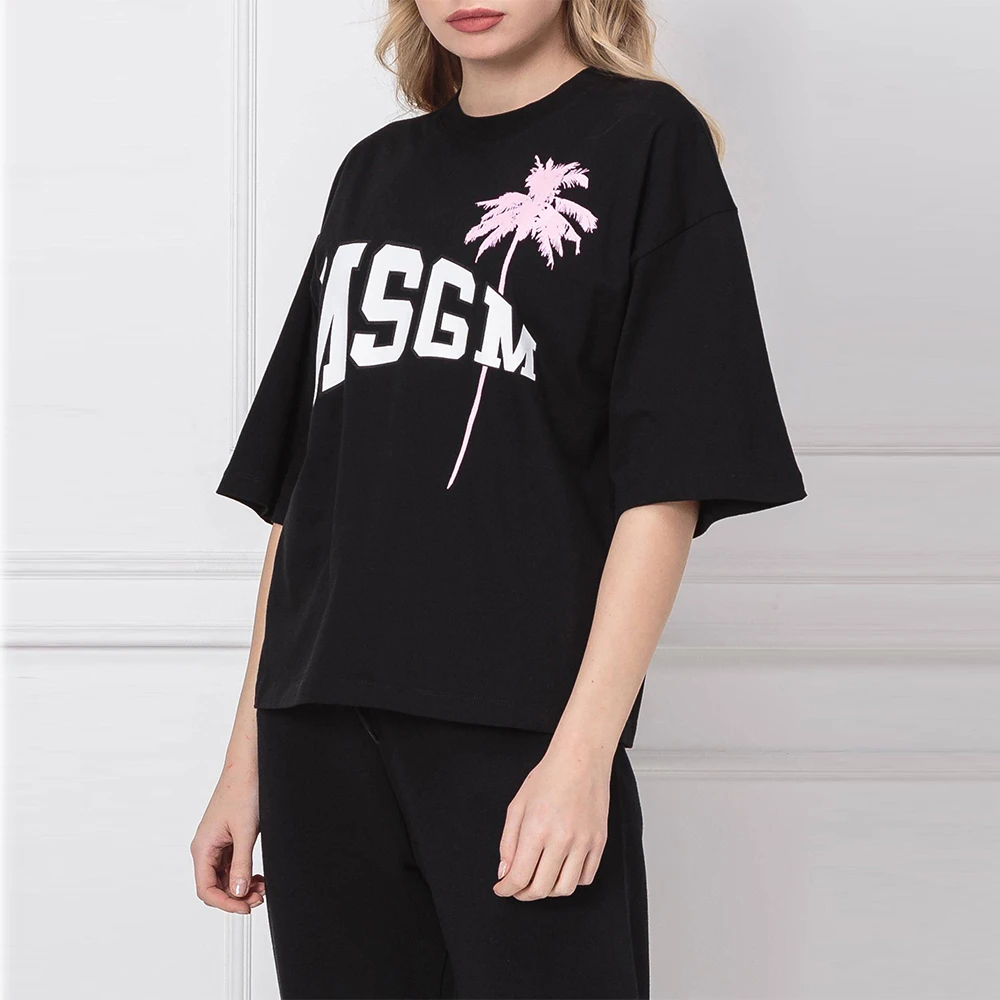 MSGM 女士黑色棉质字母LOGO粉色图案印花圆领短袖T恤 MDM164-298-99 商品