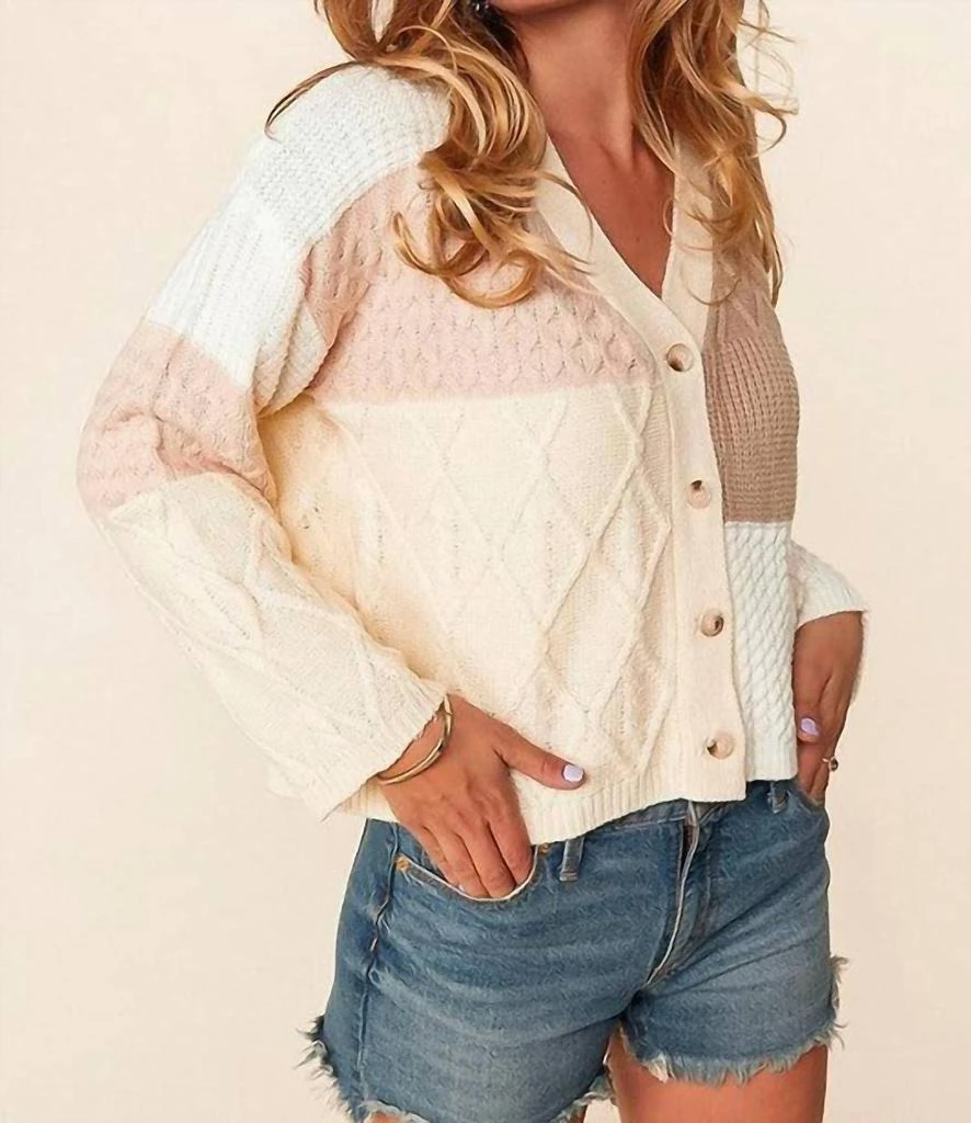 商品Sugarfox|Winston Patchwork Sweater Cardi in Cream/Khaki,价格¥317,第2张图片详细描述