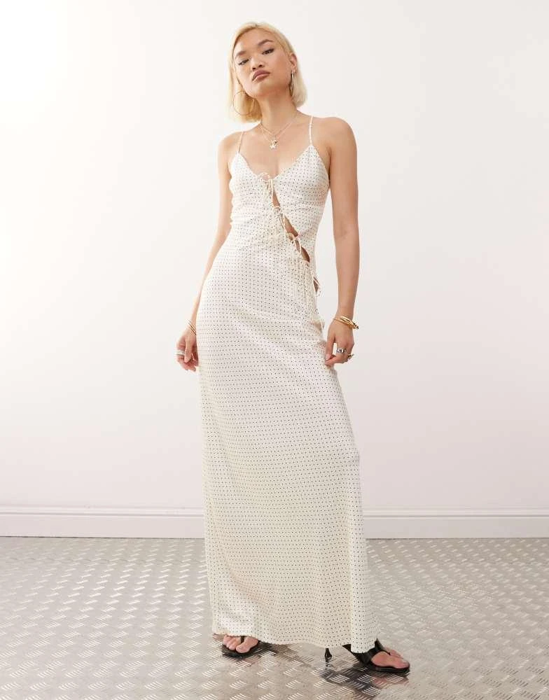 商品Lioness|Lioness About A Girl asymmetric bow tie cutout detail satin maxi dress in white polka dot,价格¥206,第1张图片