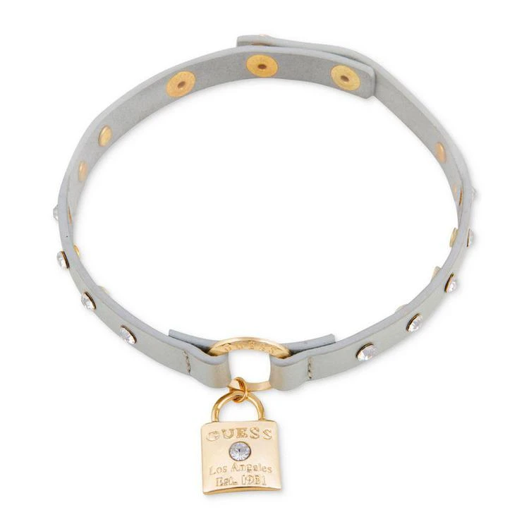 商品GUESS|Gold-Tone Crystal Lock Pendant Metallic Silver Faux Leather Choker Necklace,价格¥51,第1张图片