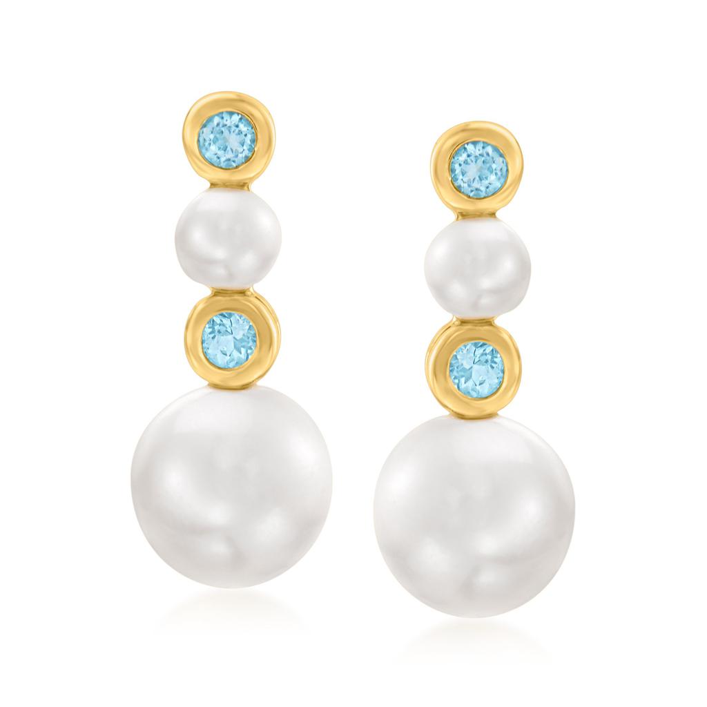 Ross-Simons 2.5-5.5mm Cultured Pearl Drop Earrings With Swiss Blue Topaz Accents in 14kt Yellow Gold商品第1张图片规格展示