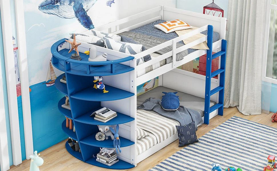 Twin over Twin Boat-Like Shape Bunk Bed with Storage Shelves 商品