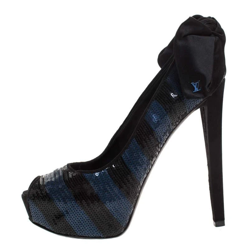 商品[二手商品] Louis Vuitton|Louis Vuitton Blue/Black Sequin Peep Toe Platform Pumps Size 39,价格¥2275,第2张图片详细描述
