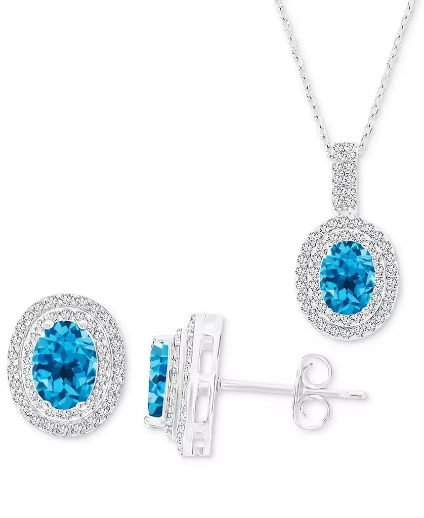 商品Macy's|2-Pc. Set Swiss Blue Topaz (3-1/2 ct. t.w.) & Lab-Grown White Sapphire (1-1/10 ct. t.w.) Oval Halo Pendant Necklace & Matching Stud Earrings in Sterling Silver,价格¥621,第1张图片