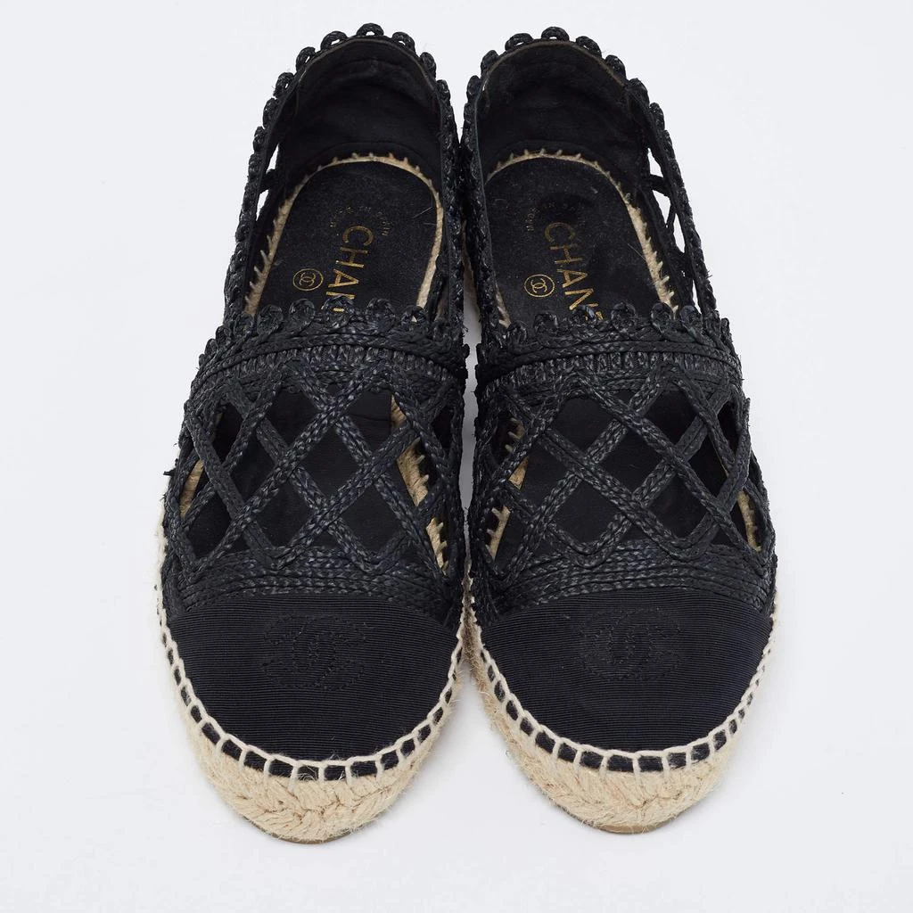 商品Chanel|Chanel Black Woven Raffia and Grosgrain Fabric CC Cap Toe Flat Espadrilles Size 38,价格¥4376,第3张图片详细描述
