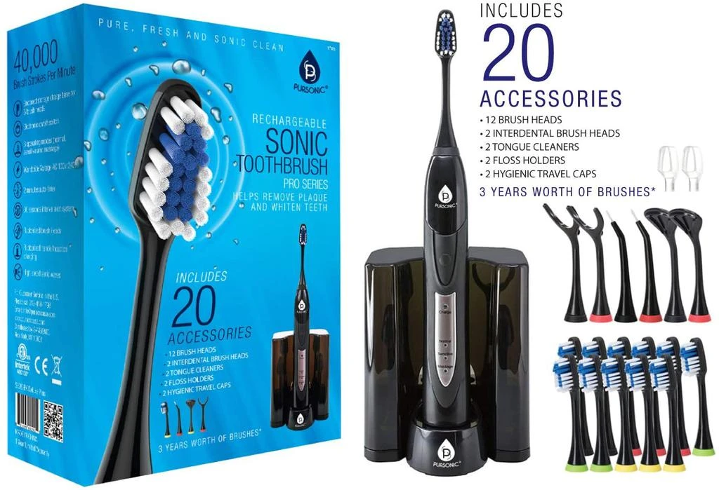 商品PURSONIC|Ultra High Powered Sonic Electric Toothbrush with Dock Charger, 12 Brush Heads & More! (Value Pack)BLACK,价格¥411,第1张图片