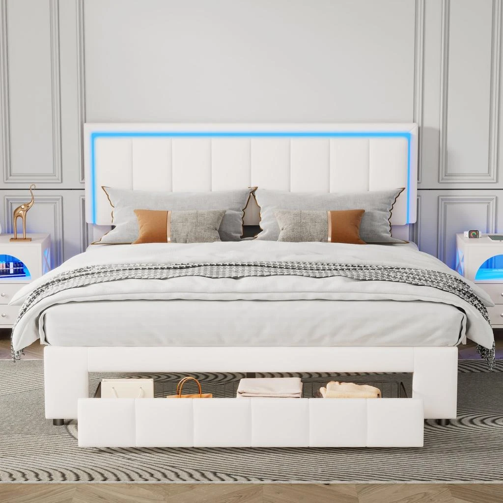 商品Simplie Fun|Upholstered Platform Bed with LED Lights and Two Motion Activated Night Lights,价格¥3030,第2张图片详细描述