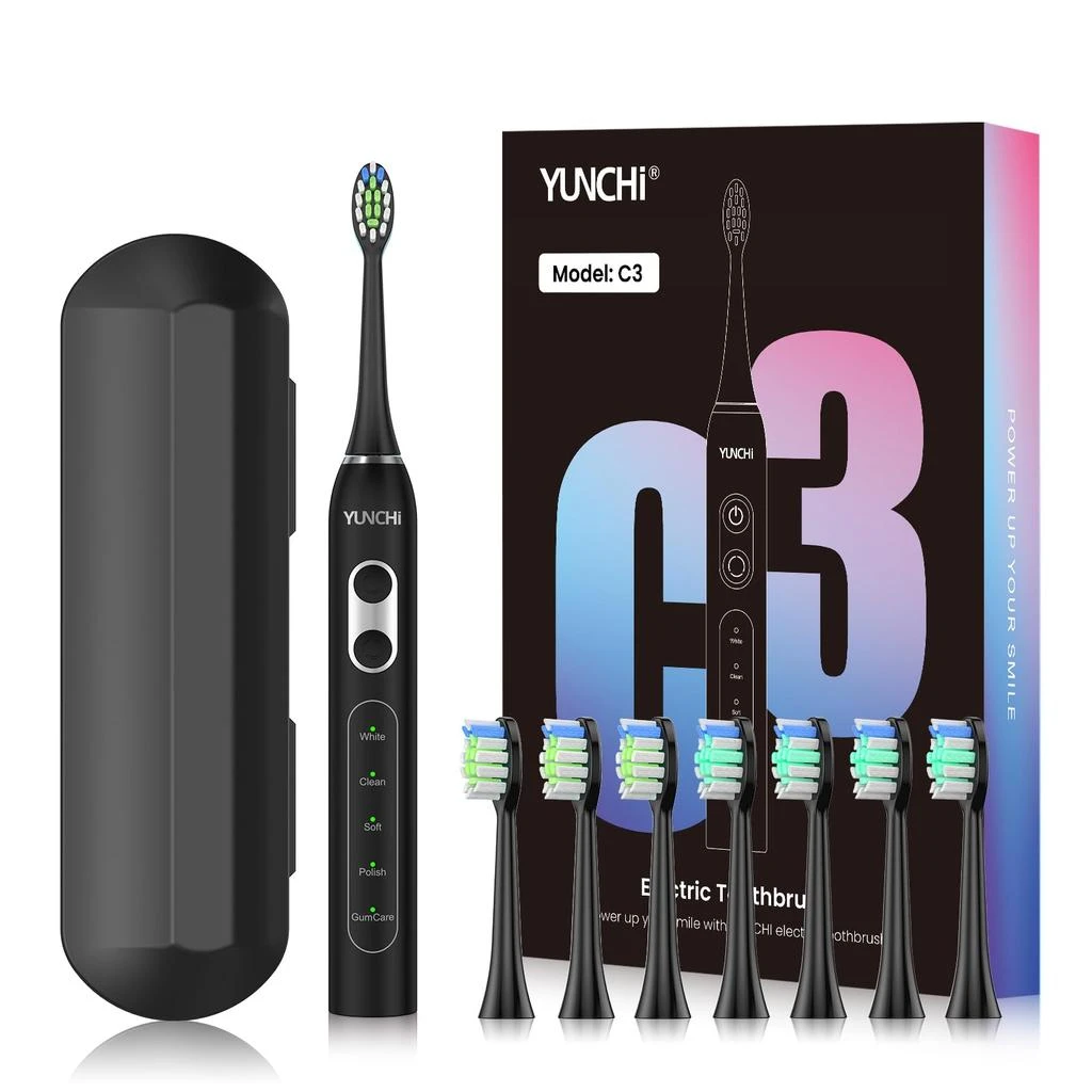 商品YUNCHI|YUNCHI Electric Toothbrush for Adults, Sonic Toothbrush, Rechargeable Electric Toothbrush with 4 Brush Heads,5 Modes & 2 Minutes Smart Timer,Waterproof,Battery Toothbrush,Black,价格¥75,第1张图片