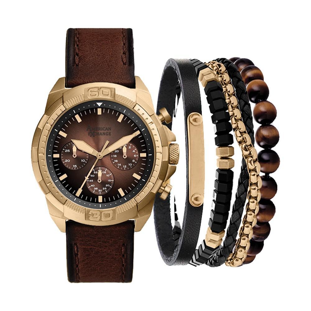 商品American Exchange|Men's Brown Faux-Leather Strap Watch 51mm Gift Set,价格¥291,第1张图片