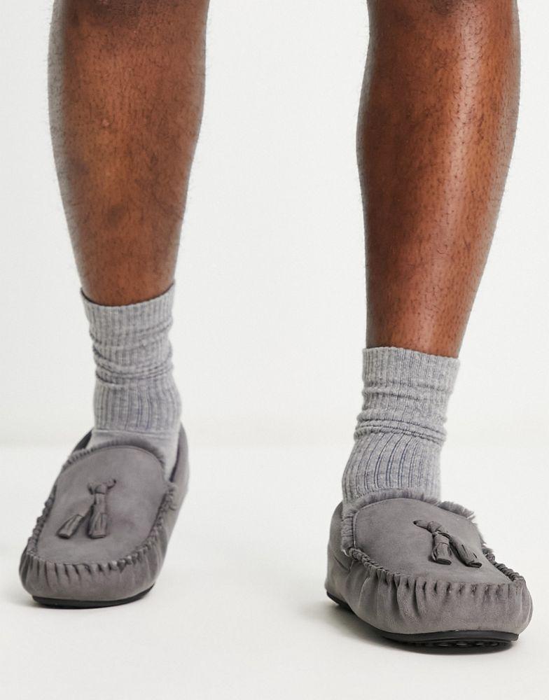 ASOS DESIGN moccasin slippers in grey with faux fur lining商品第4张图片规格展示
