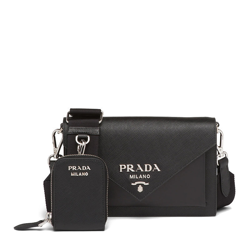 商品Prada|【预售3-7天】PRADA/普拉达 21年秋冬 女士黑色皮革附可拆卸徽标尼龙肩带斜跨单肩信封包1BP020_2EVU_F0002_V_N2O,价格¥14608,第1张图片