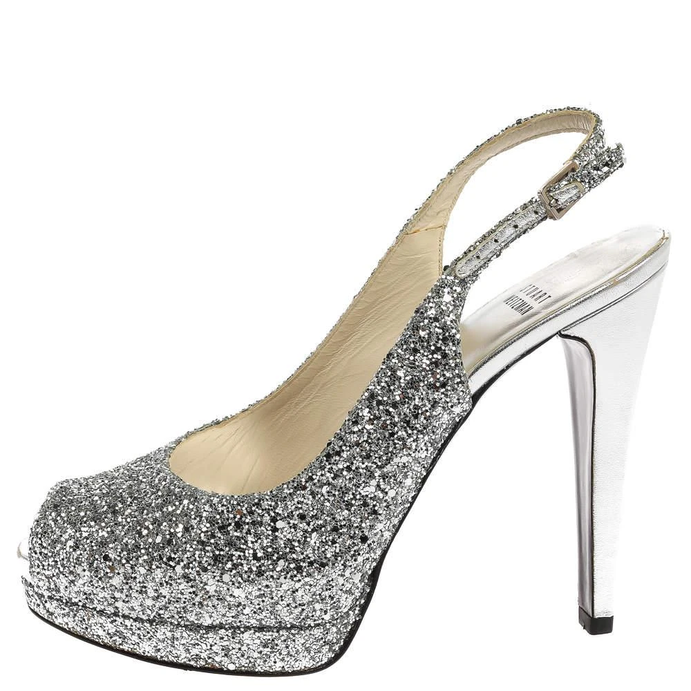 商品[二手商品] Stuart Weitzman|Stuart Weitzman Silver Coarse Glitter Peep Toe Slingback Sandals Size 38.5,价格¥1030,第2张图片详细描述