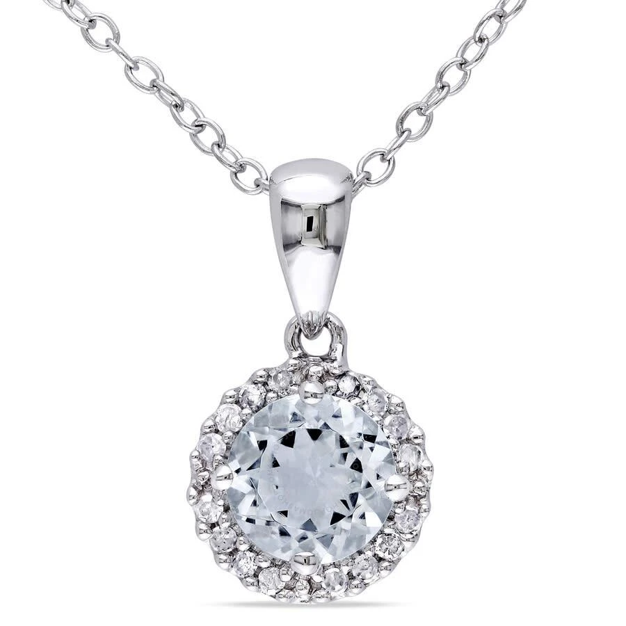 商品Amour|1/10 CT TW Diamond and Aquamarine Halo Pendant with Chain In Sterling Silver,价格¥528,第1张图片