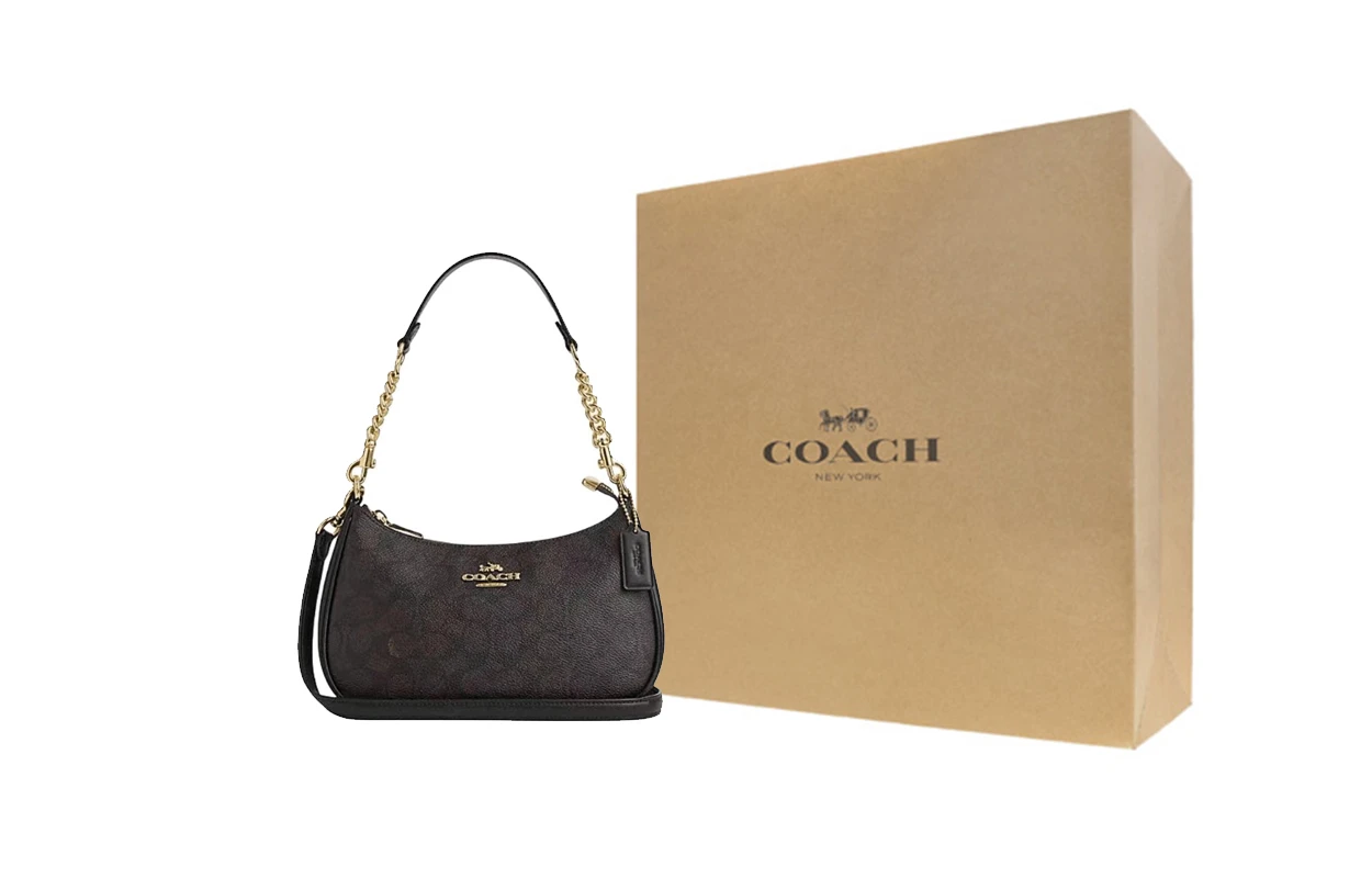 商品[国内直发] Coach|蔻驰 Teri 24 经典老花Logo 人造革拼再生革 单肩斜挎手提包 中号 女款 深棕色,价格¥3150,第4张图片详细描述