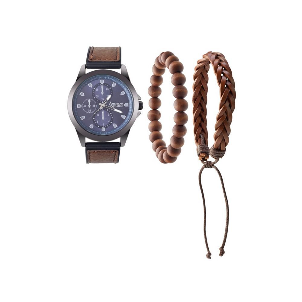 Men's Quartz Movement Brown Leather Analog Watch, 47mm and Stackable Bracelet Set with Zippered Pouch商品第1张图片规格展示