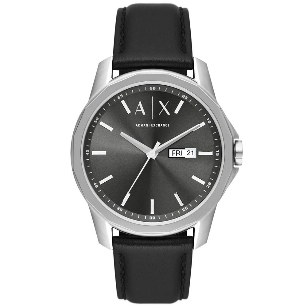 商品Armani Exchange|Men's Three-Hand Day-Date Black Leather Strap Watch, 44mm,价格¥827,第1张图片