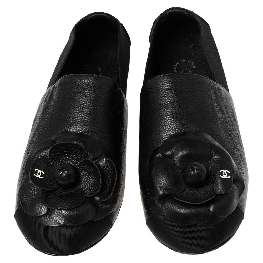 商品[二手商品] Chanel|Chanel Black Leather, Fabric and Elastic Camellia Flats Size 37,价格¥3254,第3张图片详细描述