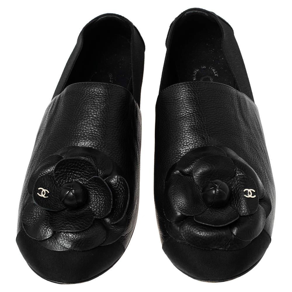 商品[二手商品] Chanel|Chanel Black Leather, Fabric and Elastic Camellia Flats Size 37,价格¥3076,第5张图片详细描述