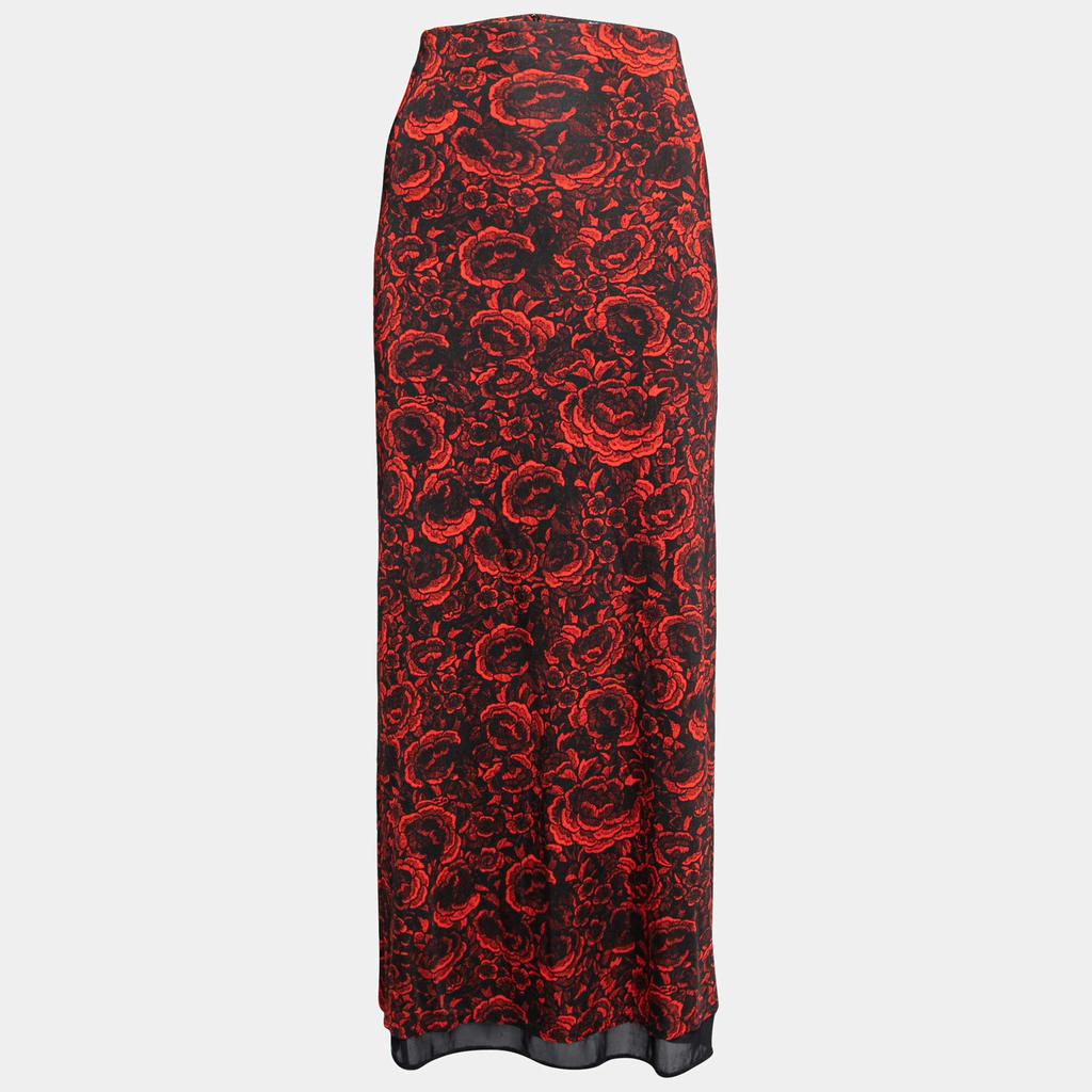 Just Cavalli Red & Black Floral Printed Jersey Midi Skirt XL商品第1张图片规格展示