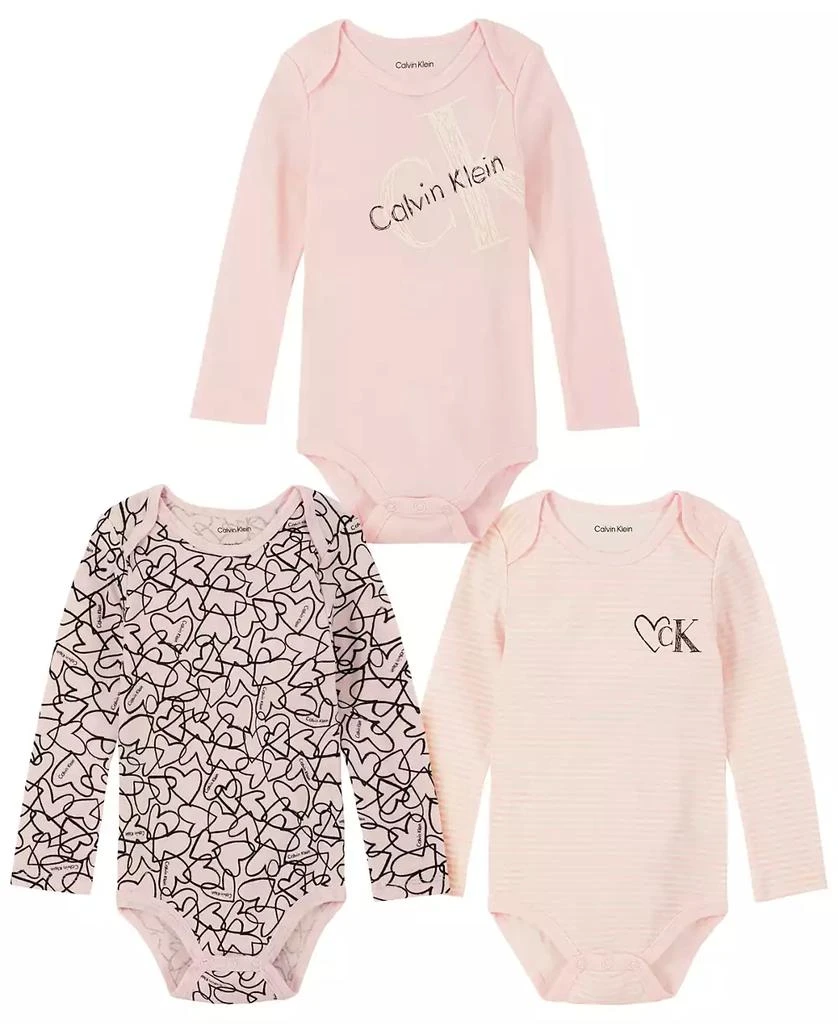 商品Calvin Klein|Baby Girls Logo, Print and Stripe Long Sleeve Bodysuits, Pack of 3,价格¥142,第1张图片