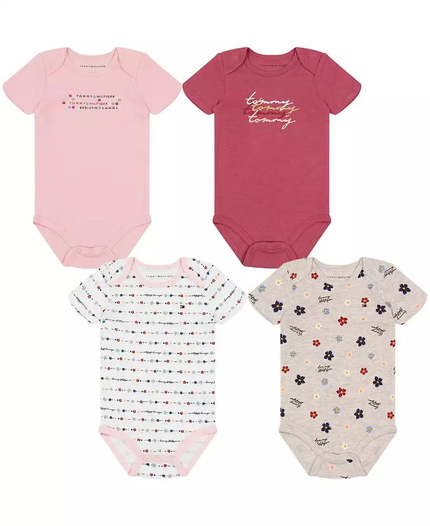 商品Tommy Hilfiger|Baby Girls Print-Logo Short Sleeve Bodysuits, Pack of 4,价格¥96,第1张图片