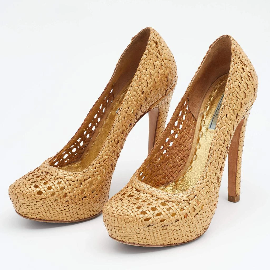 商品[二手商品] Prada|Prada Metallic Gold Woven Leather Madras Platform Pumps Size 36,价格¥877,第2张图片详细描述