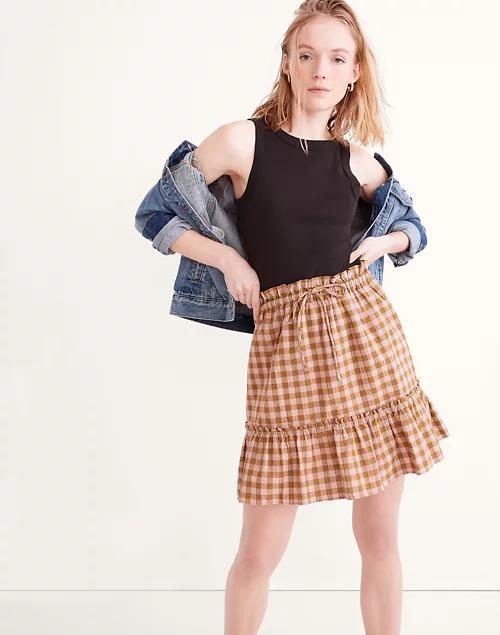 商品Madewell|Pull-On Ruffle Tiered Mini Skirt in Gingham Seersucker,价格¥331,第1张图片