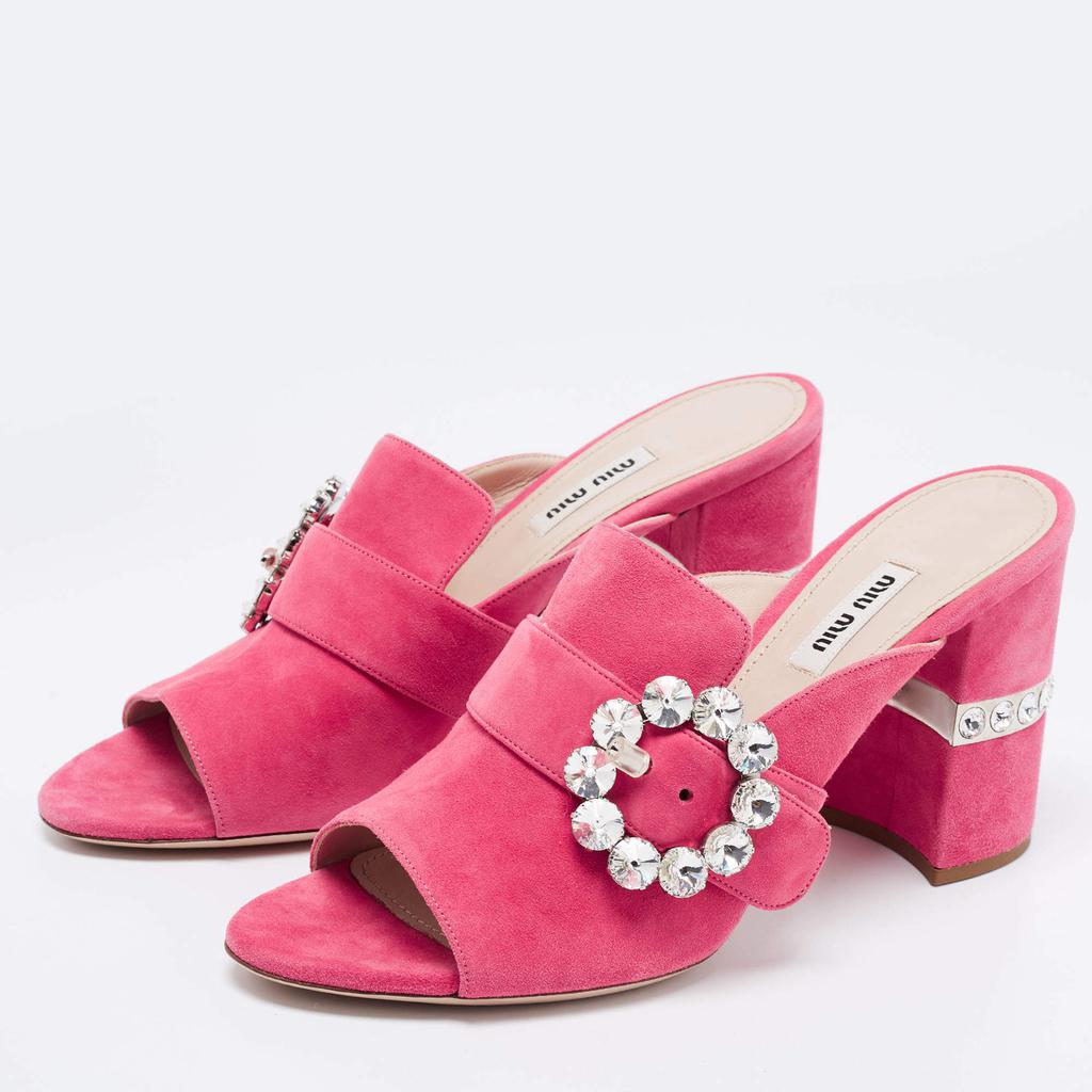 Miu Miu Pink Suede Crystals Embellished Slide Sandals Size 37商品第2张图片规格展示