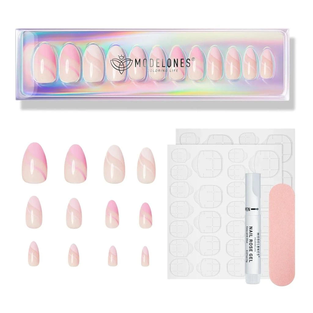 Pink Wave - 24 Fake Nails 12 Sizes Short Almond Press on Nails Kit 商品