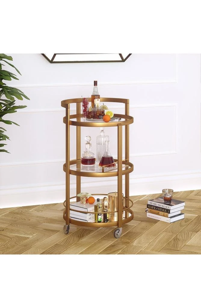 商品ADDISON AND LANE|Hause Round Brass Finish Bar Cart with Mirrored Shelf,价格¥1443,第3张图片详细描述